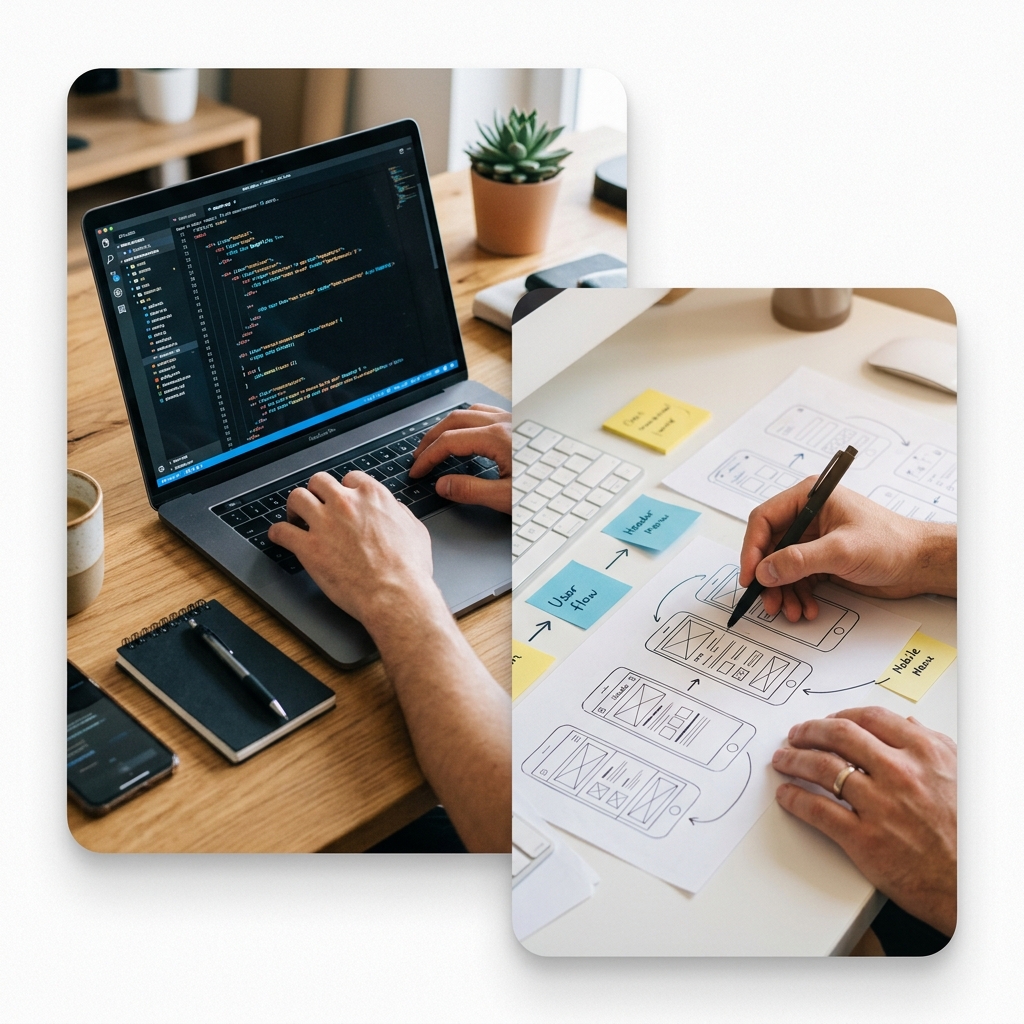 Desarrollador trabajando con código en laptop, y bocetos de wireframes sobre la mesa
